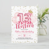 ピンクアンド金ゴールドクラウンバルーン十三誕生日インヴィ 招待状 (スタンド正面)