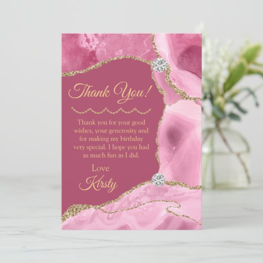 ピンクアンド金ゴールドグリッターアゲート誕生日 サンキューカード (スタンド正面)