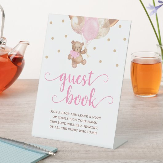 ピンクアンド金ゴールドテディベアゲストブックペデスタルサイン 台座サイン (インサイチュ)