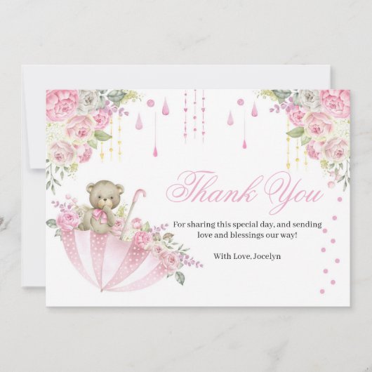 ピンクアンブレラテディベアベビー振りかけるありがとうC サンキューカード (正面)