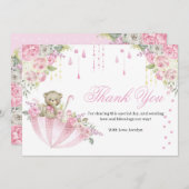 ピンクアンブレラテディベアベビー振りかけるありがとうC サンキューカード (正面/裏面)