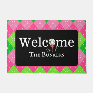 ピンクアーガイルとグリーンのゴルフウェルカムエントリー ドアマット
