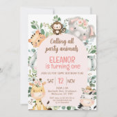 ピンクアーチサファリパーティー動物1st誕生日 招待状 (正面)