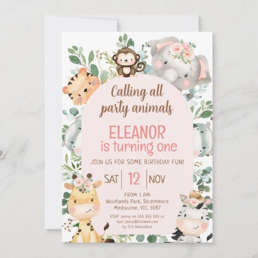 ピンクアーチサファリパーティー動物1st誕生日 招待状 (正面)