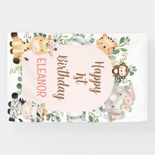 ピンクアーチサファリパーティー動物1st誕生日 横断幕 (横)