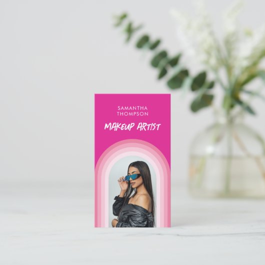 ピンクアーチフォトソーシャルメディアQRコードロゴ 名刺 (スタンド正面)