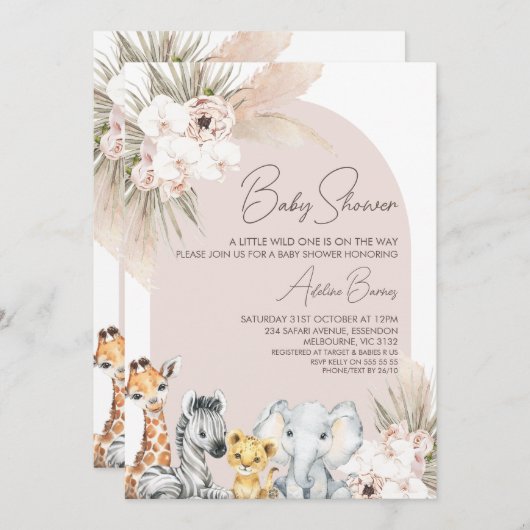 ピンクアーチフローラサファリワイルドワンベビーシャワー 招待状 (正面/裏面)