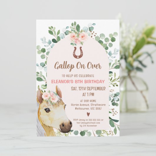 ピンクアーチリーフホースポニー誕生日 招待状 (スタンド正面)
