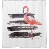 ピンクアートの水色フラミンゴのブラシストローク線 シャワーカーテン (正面)