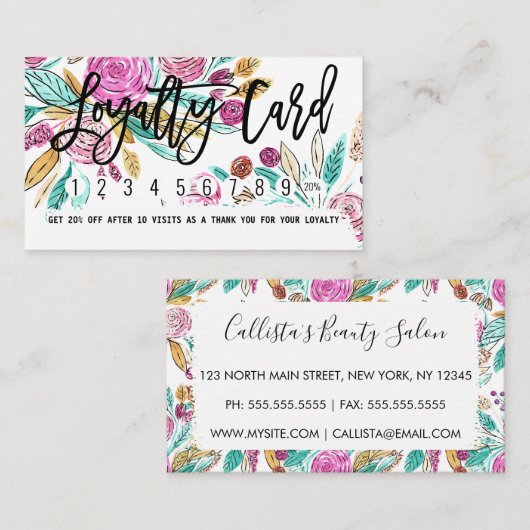 ピンクアートエレガントのティール（緑がかった色）フローラ水色 ロイヤリティカード (正面/裏面)
