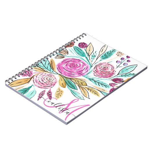 ピンクアートエレガントティール（緑がかった色）フローラ水彩モノグラム ノートブック (左側)