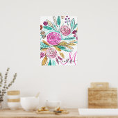 ピンクアートエレガントティール(緑がかった色)フローラ水彩モノグラム ポスター (キッチン)