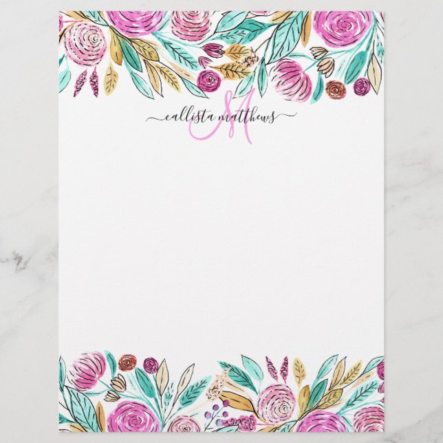 ピンクアートエレガントティール（緑がかった色）フローラ水彩モノグラム レターヘッド (正面)