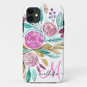 ピンクアートエレガントティール(緑がかった色)フローラ水彩モノグラム iPhone 11 ケース