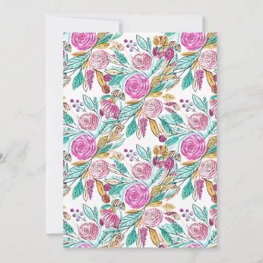 ピンクアートエレガントティール（緑がかった色）フローラ水彩甘い16 招待状 (裏面)