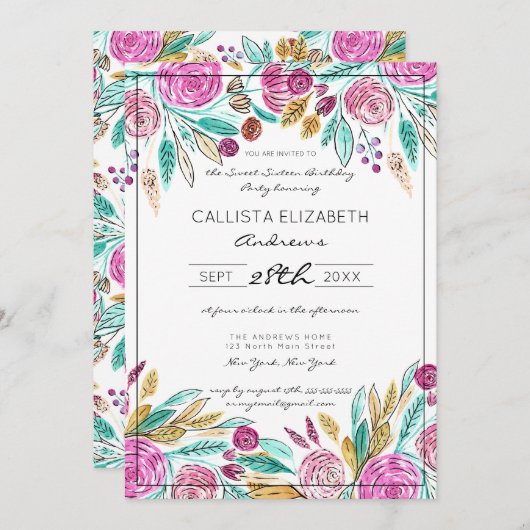 ピンクアートエレガントティール（緑がかった色）フローラ水彩甘い16 招待状 (正面/裏面)
