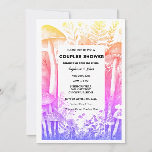 ピンクアートカップルのシャワーマッシュルーム結婚ウッドランド 招待状 (正面)