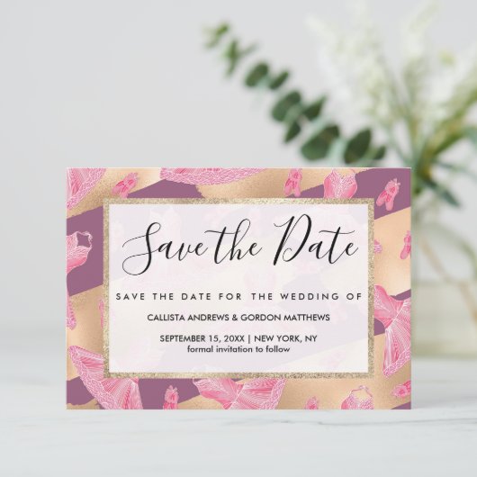 ピンクアートガーリー金ゴールドパープルバレリナドレスシューズ セーブザデート (スタンド正面)