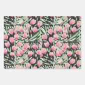 ピンクアートグリーンブラックチューリップフローラ水彩 ラッピングペーパーシート (正面2)