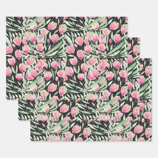 ピンクアートグリーンブラックチューリップフローラ水彩 ラッピングペーパーシート (セット)
