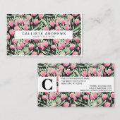 ピンクアートグリーンブラックチューリップフローラ水彩 名刺 (正面/裏面)