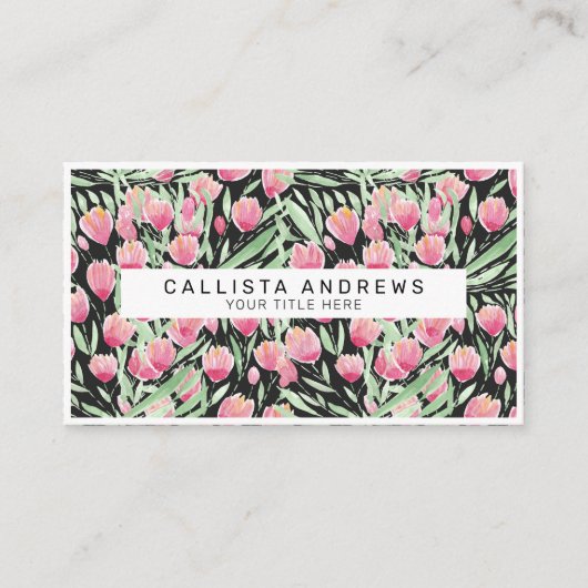 ピンクアートグリーンブラックチューリップフローラ水彩 名刺 (正面)