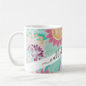 ピンクアートティール(緑がかった色)花葉油パターン コーヒーマグカップ (左)