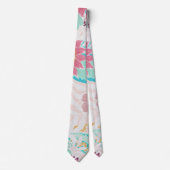 ピンクアートティール（緑がかった色）花葉油パターン ネクタイ (正面)