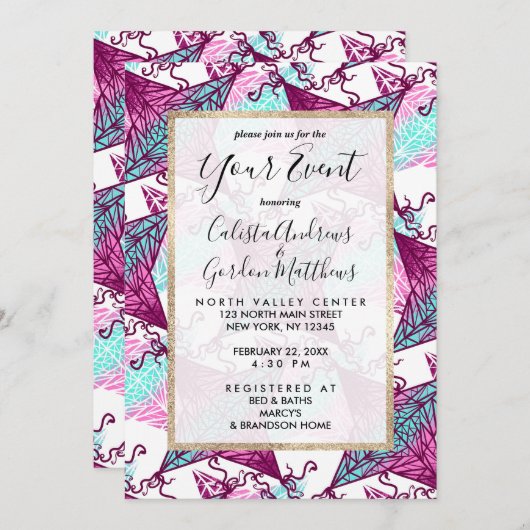 ピンクアートパープルティール(緑がかった色)幾何学的抽象芸術凧 招待状 (正面/裏面)