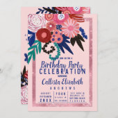ピンクアートブルーグリッターフローラアクリル誕生日 招待状 (正面/裏面)