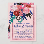 ピンクアートブルーレッドグリッターフローラアクリル結婚ズ 招待状 (正面/裏面)