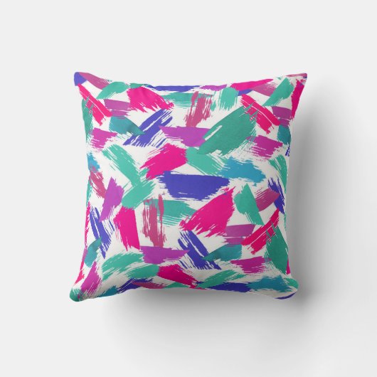 ピンクアートモダンティール(緑がかった色)紫色のブラシストロークコラージュ クッション (裏面)