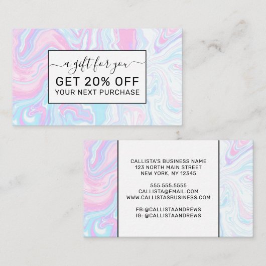 ピンクアートモダンブルー大理石の旋回パターン 割引カード (正面/裏面)