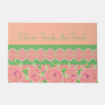 ピンクアートローズフローラアクセント付きドアマット