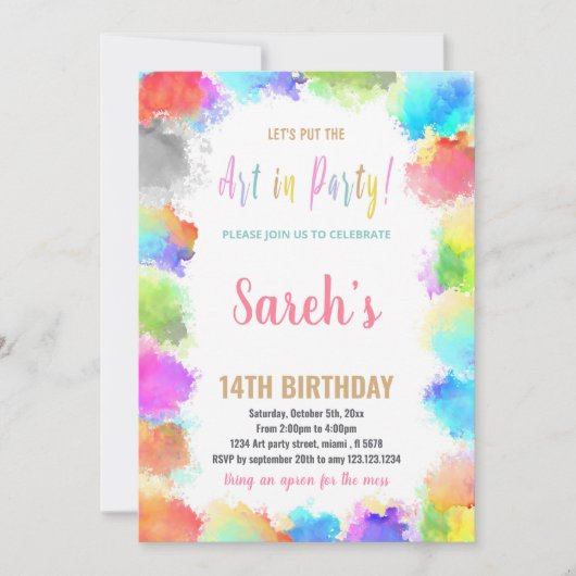 ピンクアート絵を描パーティー誕生日招待状 招待状 (正面)