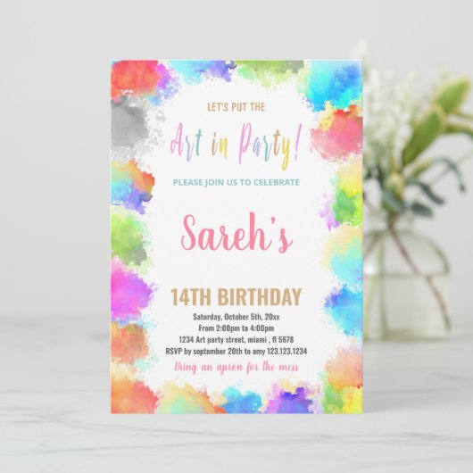 ピンクアート絵を描パーティー誕生日招待状 招待状 (スタンド正面)