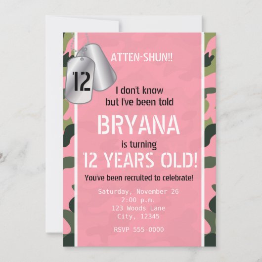 ピンクアーミードッグタグカモフラージュパーティの招待状 招待状 (正面)