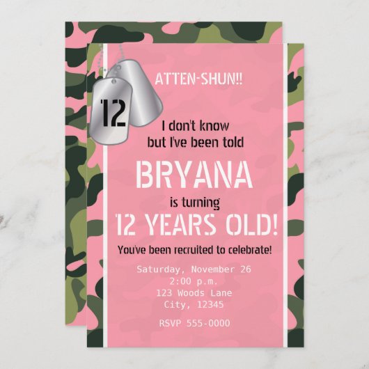 ピンクアーミードッグタグカモフラージュパーティの招待状 招待状 (正面/裏面)