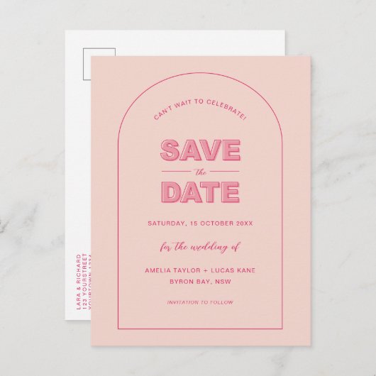 ピンクアーモダンチ型はっきりした文字日付の保存 ポストカード (正面/裏面)