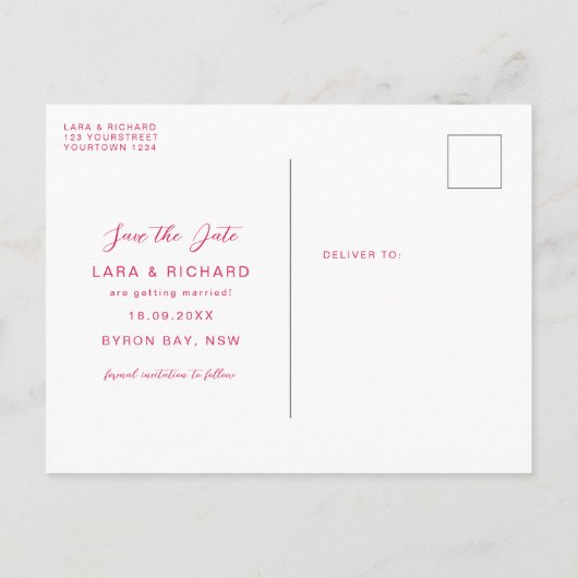 ピンクアーモダンチ型はっきりした文字日付の保存 ポストカード (裏面)