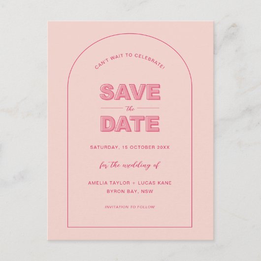 ピンクアーモダンチ型はっきりした文字日付の保存 ポストカード (正面)