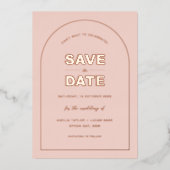 ピンクアーモダンチ型はっきりした文字日付の保存 箔招待状 (正面)