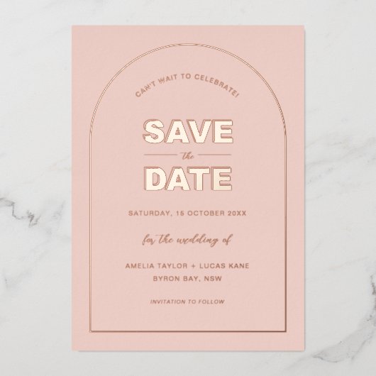 ピンクアーモダンチ型はっきりした文字日付の保存 箔招待状 (正面)