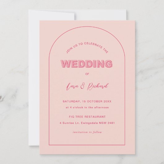 ピンクアーモダンチ型はっきりした文字結婚式招待状 招待状 (正面)