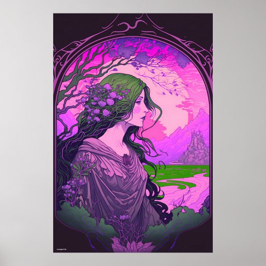 ピンクアールヌーボー女性ポートレートヴィンテージウォールアート ポスター (正面)