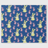 ピンクイエローかわいいバニーラビットブルー背景 ラッピングペーパー (フラット)