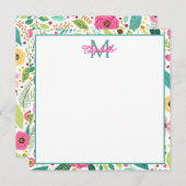 ピンクイエローとティール(緑がかった色)春フローラモノグラム ノートカード (正面/裏面)