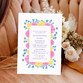 ピンクイエローとブルーのフローラカラフルキンセニェラ 招待状