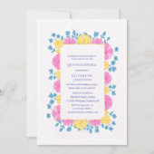 ピンクイエローとブルーのフローラカラフルキンセニェラ 招待状 (正面)