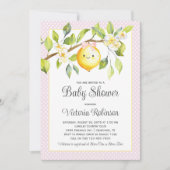 ピンクイエローの女の子 レモン ベイビー シャワー 招待状 (正面)
